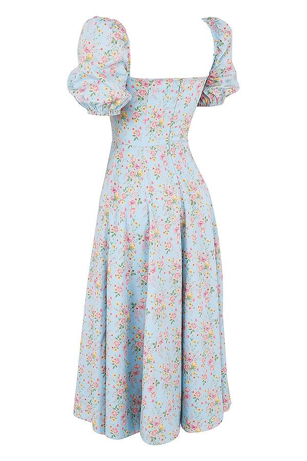 BLUE VINTAGE FLORAL PUFF SLEEVE MIDI DRESS