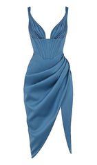 BLUE SATIN CORSET MIDI DRESS