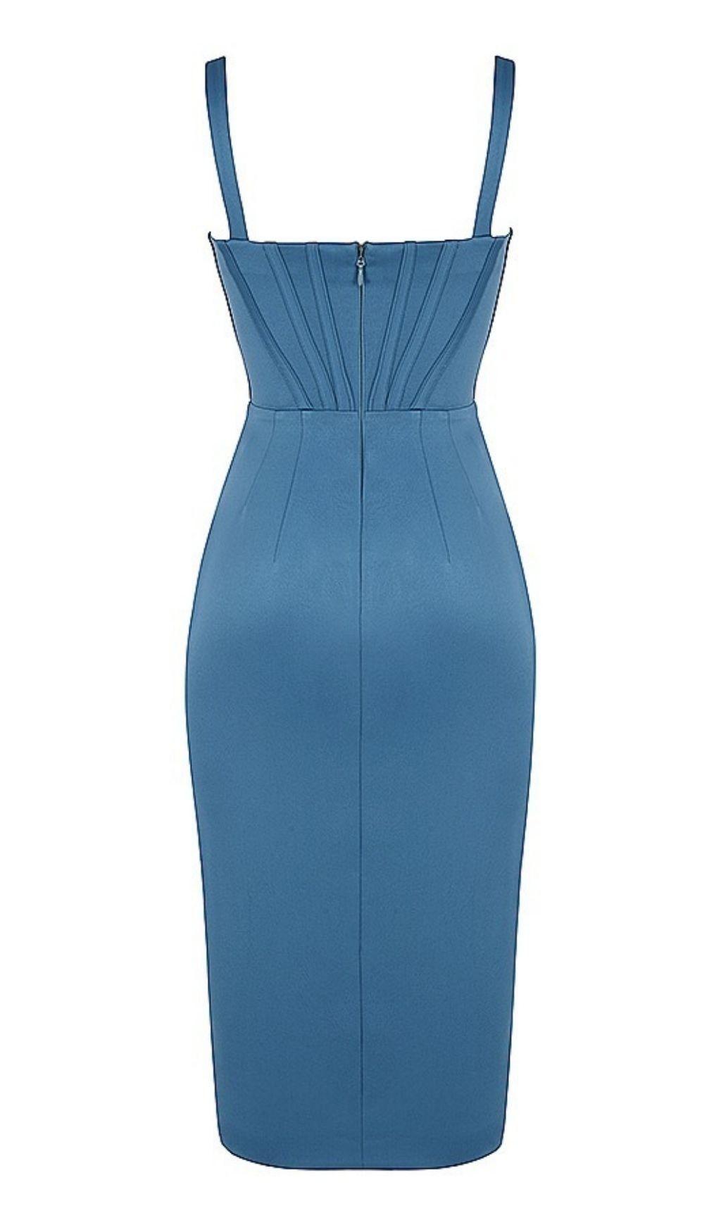 BLUE SATIN CORSET MIDI DRESS