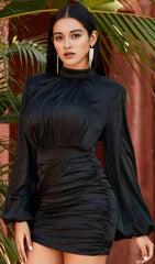 BLACK HEAVY SATIN HIGH NECKED DRAPED DRESS