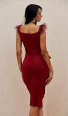 WINE FEATHER RUFFLE DRESS