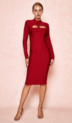 WINE CUT OUT LONG SLEEVE BANDAGE DRESS