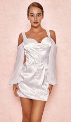 WHITE CORSET DRESS WITH BLOUSON SLEEVES