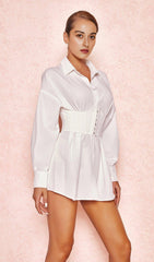 WHITE CINCHED WAIST SHIRT DRESS