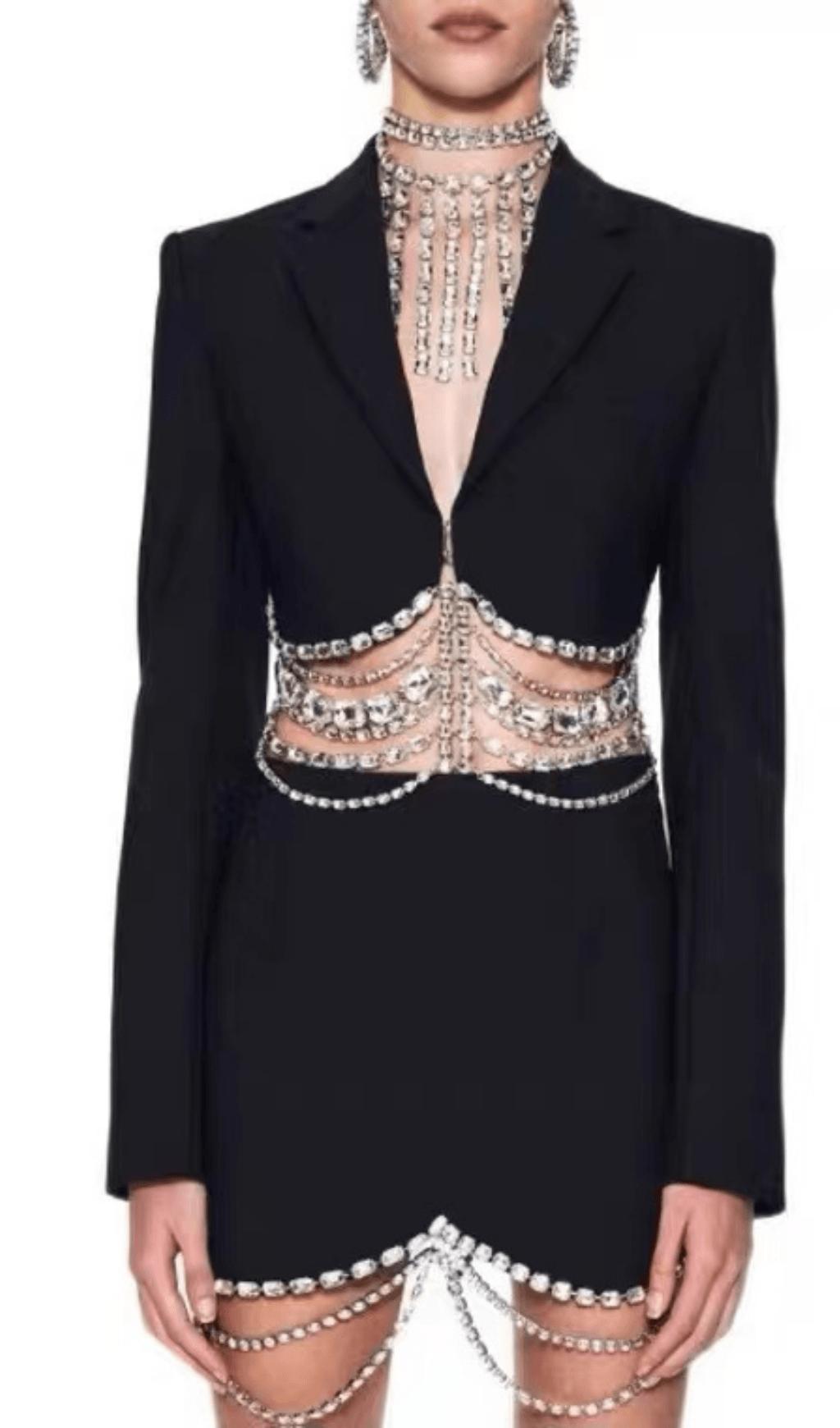 Two-piece suit with rhinestone chain