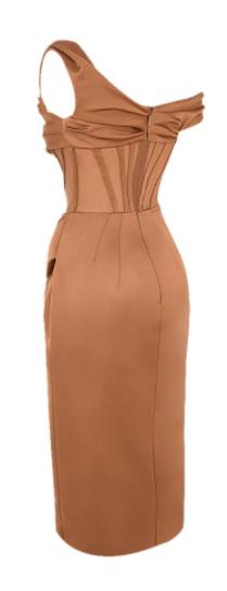 ASYMMETRIC DRAPE MIDI CORSET DRESS IN COFFEE