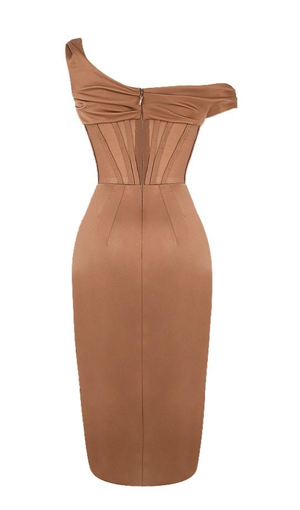 ASYMMETRIC DRAPE MIDI CORSET DRESS IN COFFEE