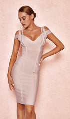 TAUPE OFF SHOULDER LUREX BANDAGE DRESS