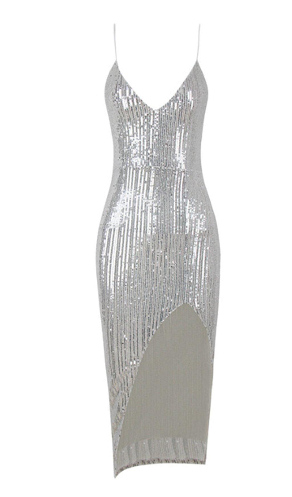 SEXY SILVER SLIT COCKTAIL DRESS