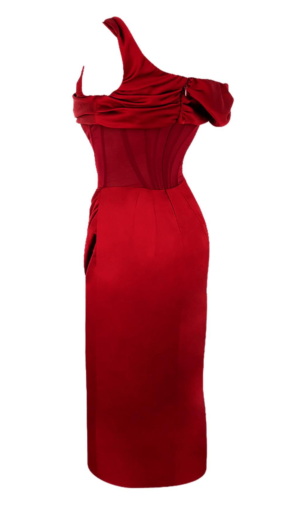 ASYMMETRIC DRAPE MIDI CORSET DRESS IN RED