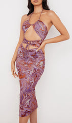 PURPLE SWIRL CUTOUT MIDI DRESS