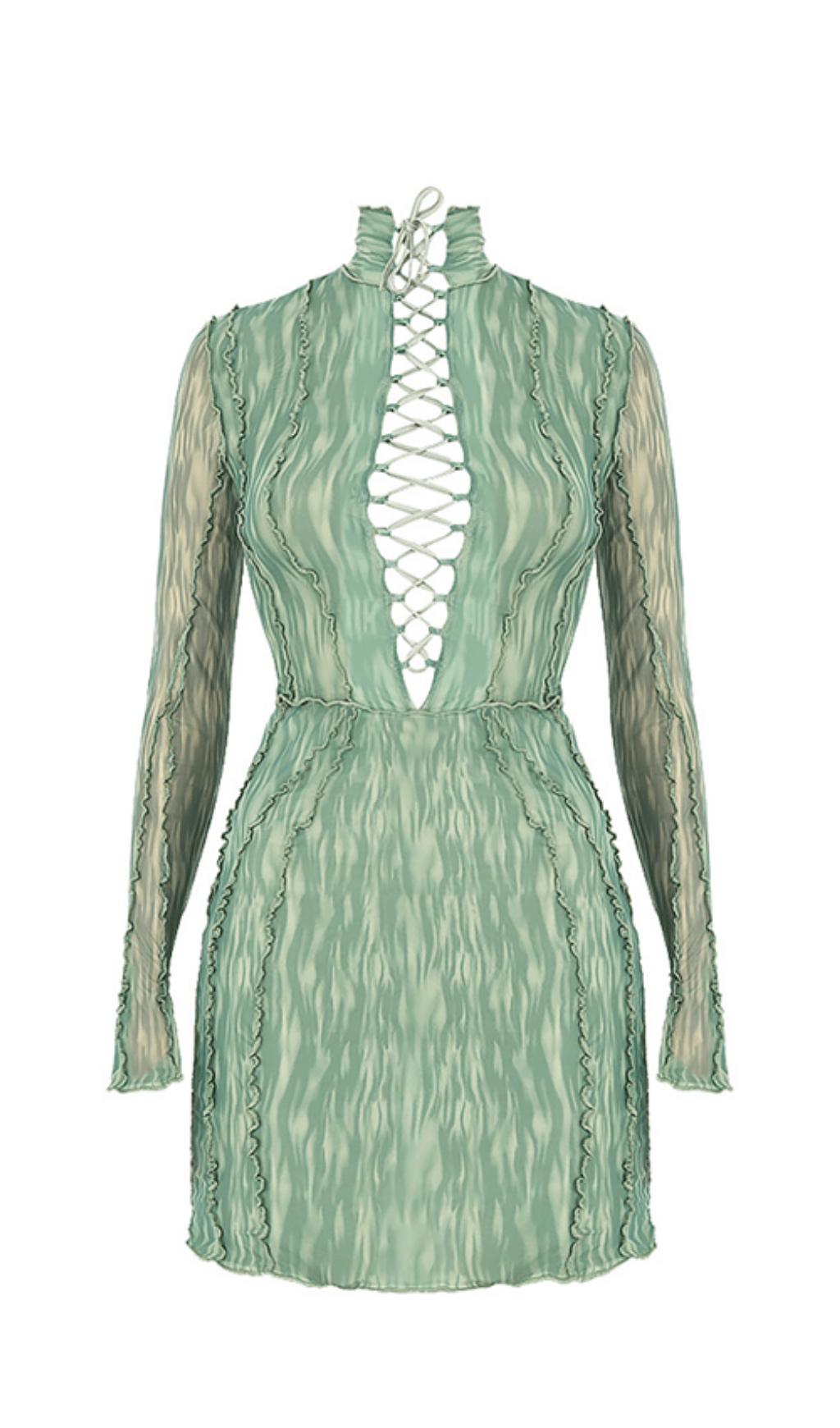 PRINTED MESH LACE UP MINI DRESS