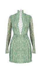 PRINTED MESH LACE UP MINI DRESS