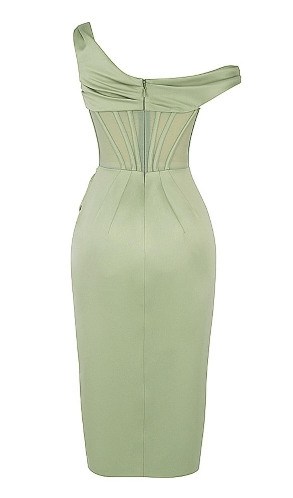 PISTACHIO ASYMMETRIC DRAPE MIDI CORSET DRESS