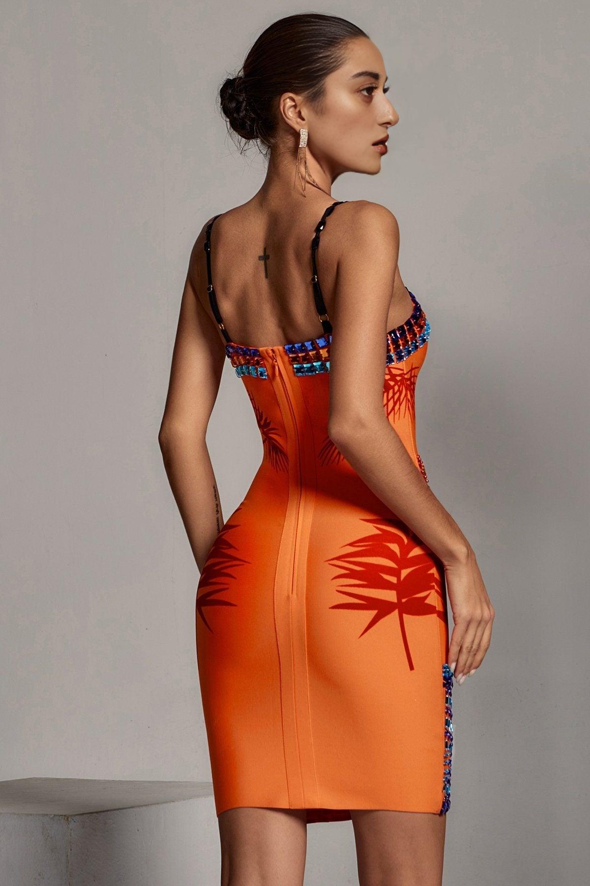 EMBELLISHMENT BANDAGE DRESS IN ORANGE