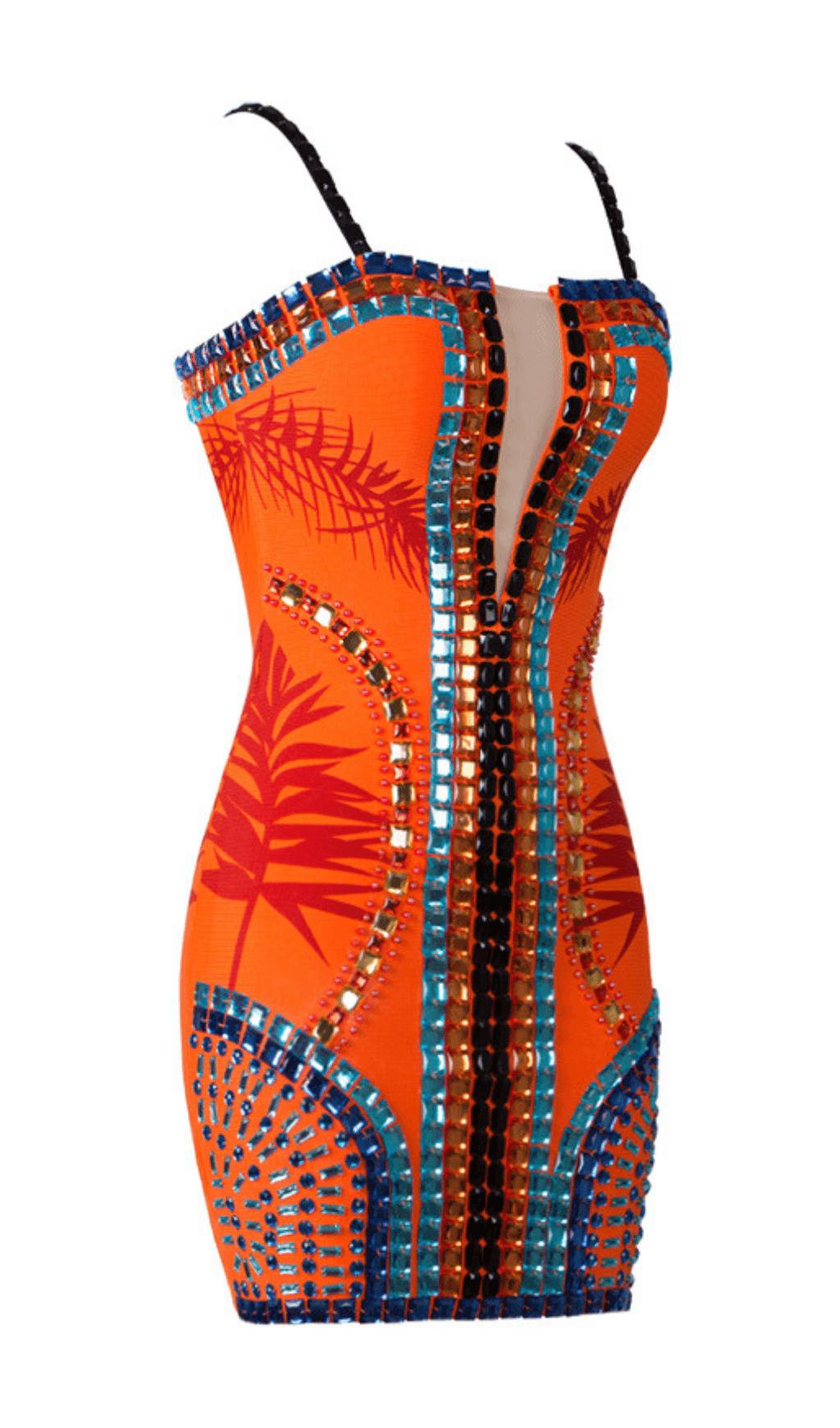 EMBELLISHMENT BANDAGE DRESS IN ORANGE