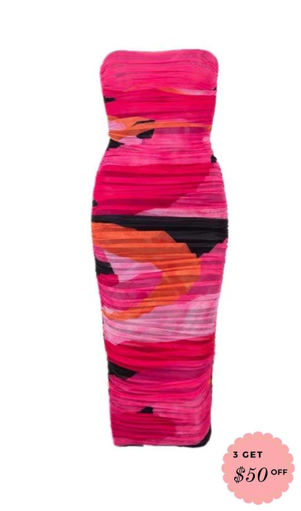 MULTICOLOURED STRAPLESS RUCHED MIDI DRESS