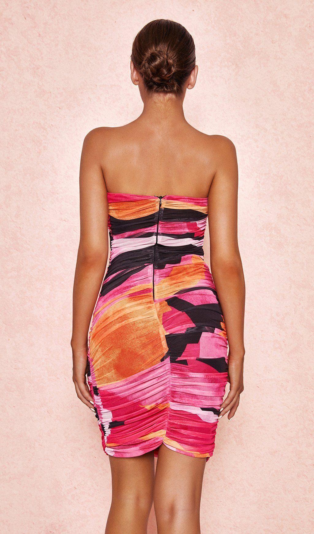 MULTICOLOURED STRAPLESS RUCHED MIDI DRESS