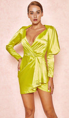 LIME SATIN DRAPED SLEEVE DRESS