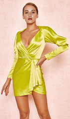 LIME SATIN DRAPED SLEEVE DRESS