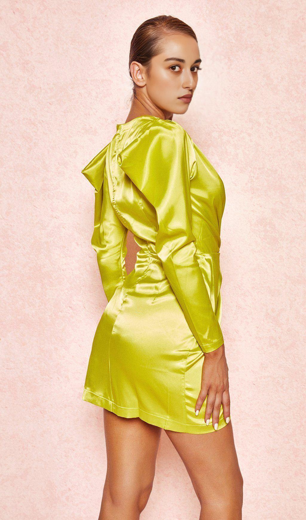 LIME SATIN DRAPED SLEEVE DRESS