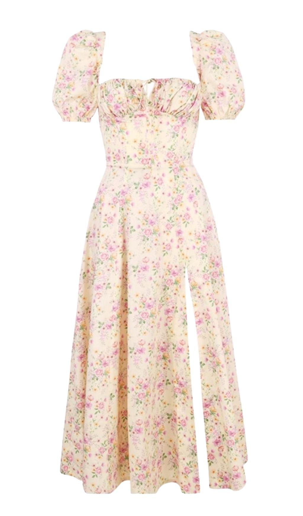 LEMON FLORAL PUFF SLEEVE MIDI SUNDRESS