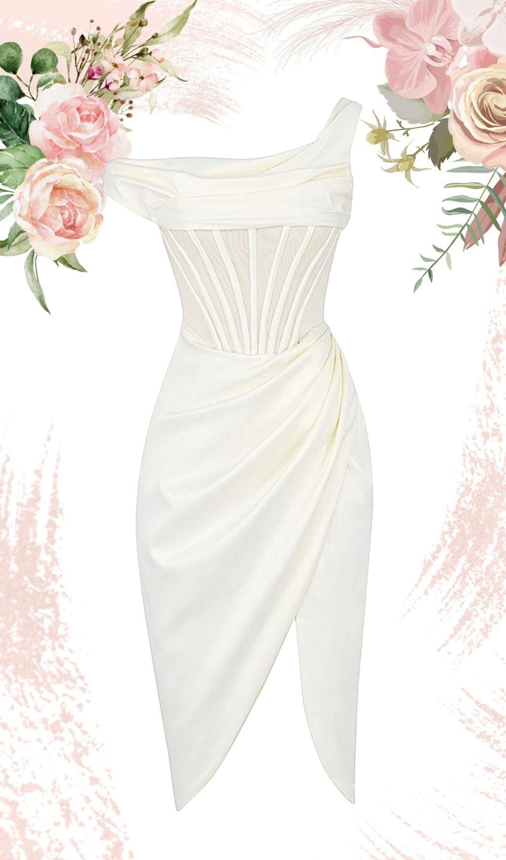 IVORY DRAPE CORSET MIDI DRESS