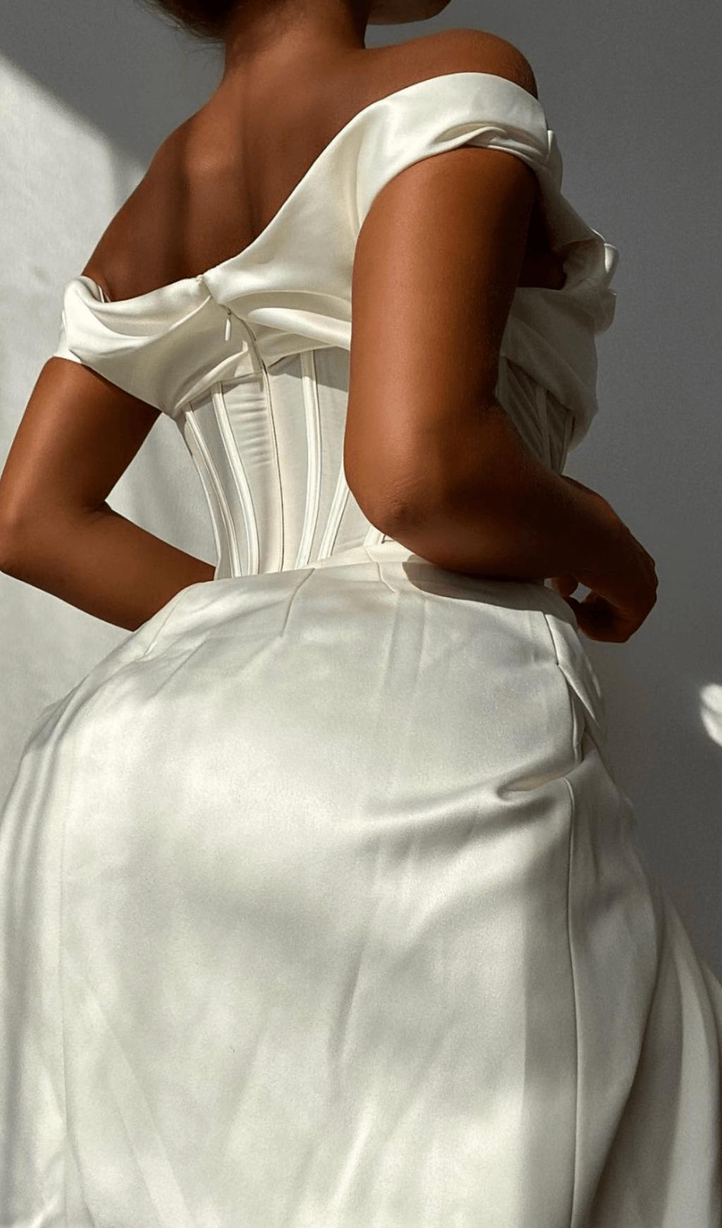 IVORY DRAPE CORSET MIDI DRESS