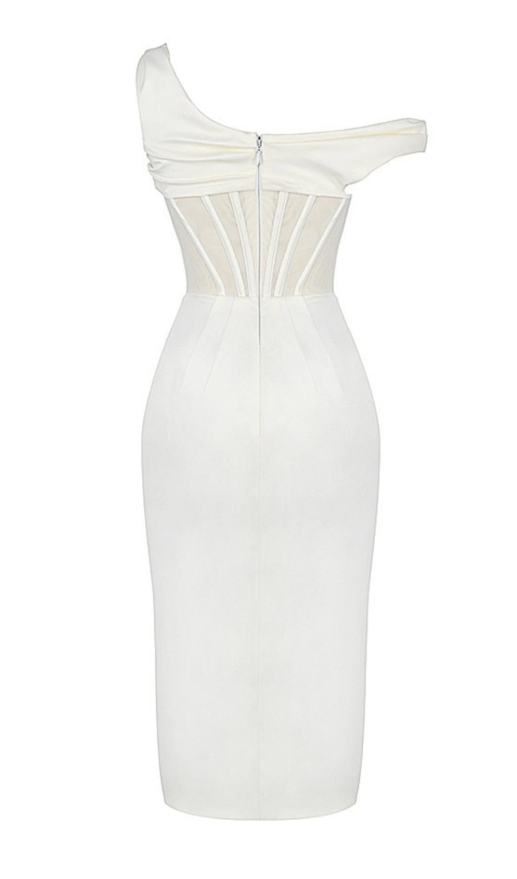 IVORY DRAPE CORSET MIDI DRESS