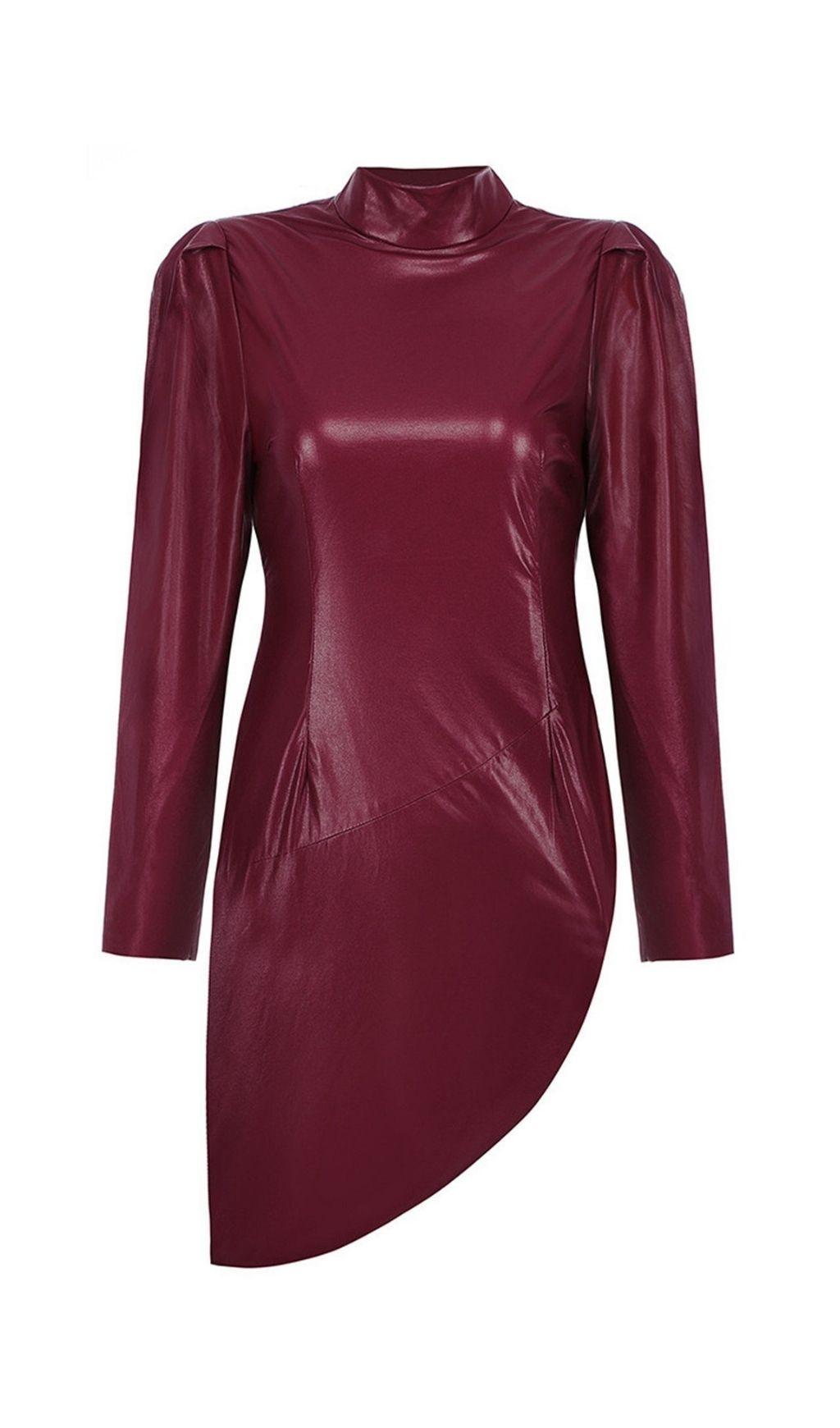 WINE PUFF SLEEVE LEATHER DRESS