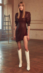 WINE PUFF SLEEVE LEATHER DRESS