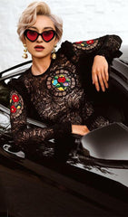 FLOWER LONG SLEEVE LACE MINI DRESS IN BLACK