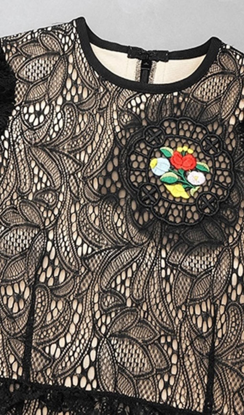 FLOWER LONG SLEEVE LACE MINI DRESS IN BLACK