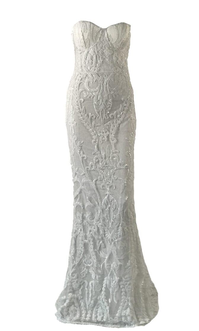 WHITE SEQUIN LACE STRAPLESS MAXI DRESS