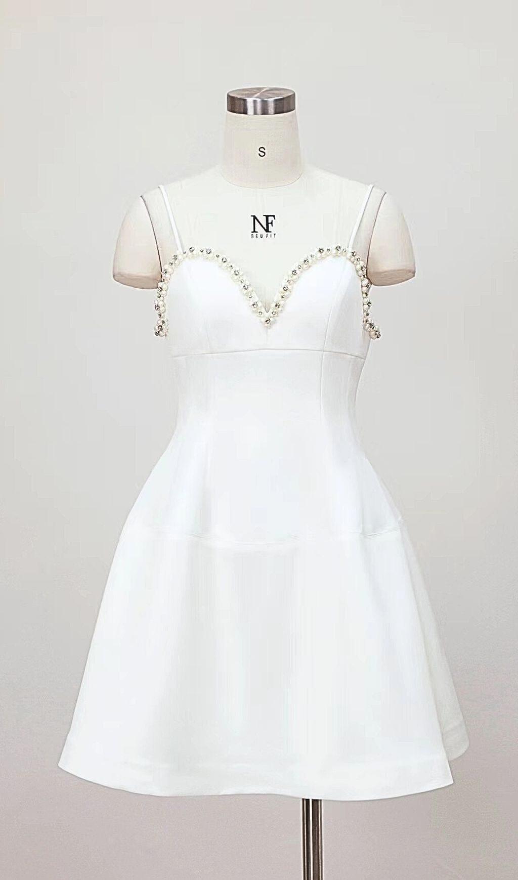 PEARL EMBELLISHED HTM MINI DRESS IN WHITE