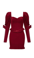 VELVET PUFF SLEEVE MINI DRESS IN WINE RED