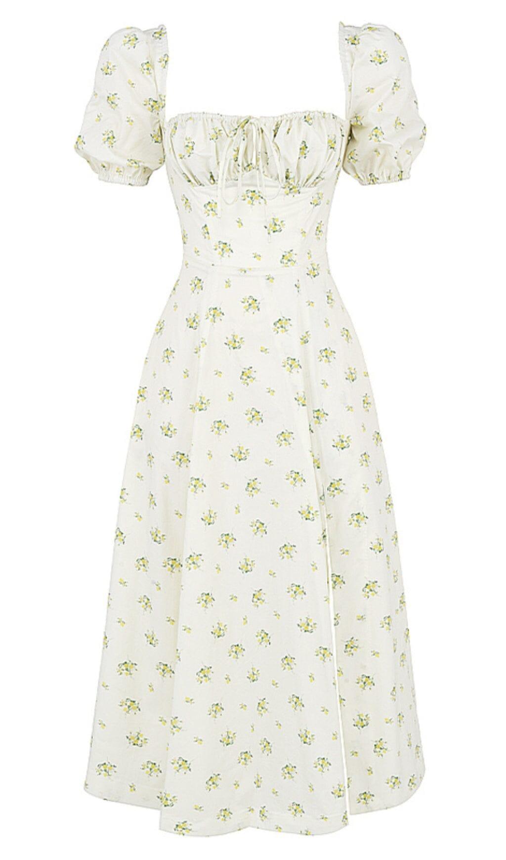 VINTAGE FLORAL PUFF SLEEVE MIDI DRESS IN WHITE