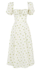 VINTAGE FLORAL PUFF SLEEVE MIDI DRESS IN WHITE