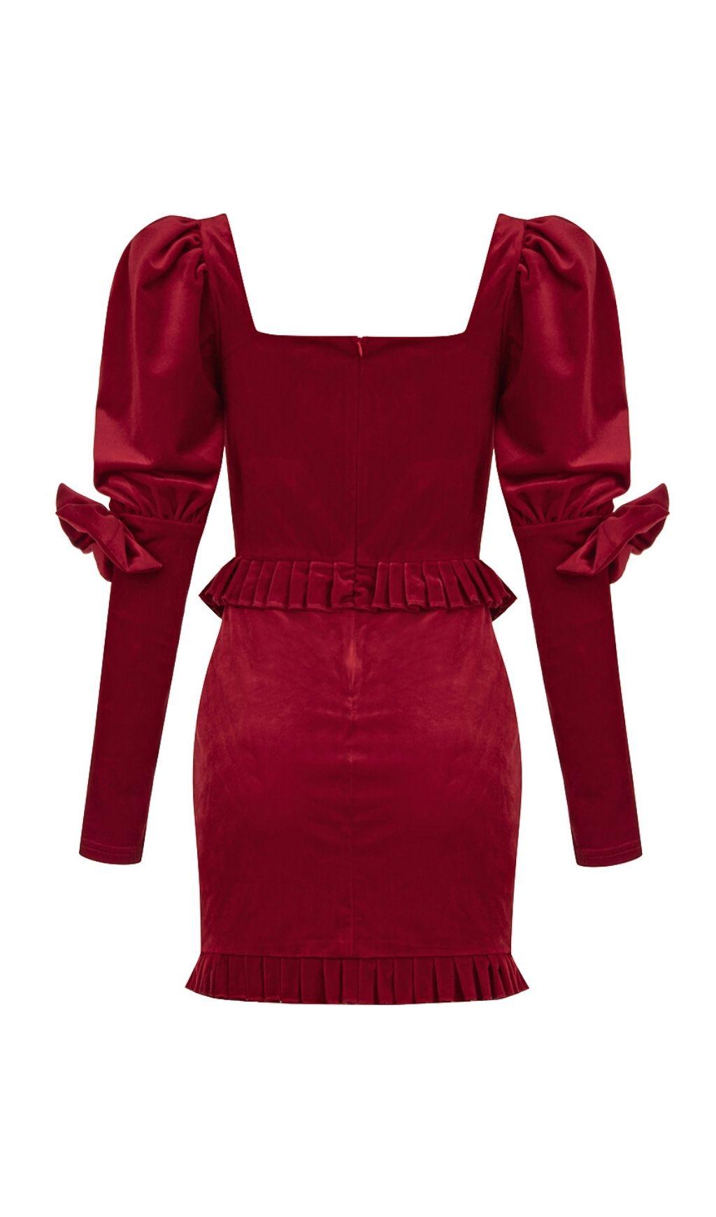 VELVET PUFF SLEEVE MINI DRESS IN WINE RED