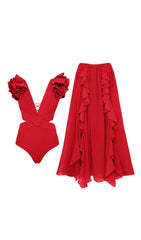 DEEP V RED CUTOUT ONE PIECE SWIMSUIT AND SKIRT