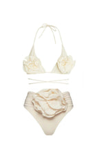 FLORAL APPLIQUÉ TRIANGLE BIKINI SUIT IN WHITE