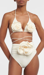 FLORAL APPLIQUÉ TRIANGLE BIKINI SUIT IN WHITE