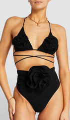 FLORAL APPLIQUÉ TRIANGLE BIKINI SUIT IN BLACK