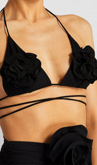 FLORAL APPLIQUÉ TRIANGLE BIKINI SUIT IN BLACK