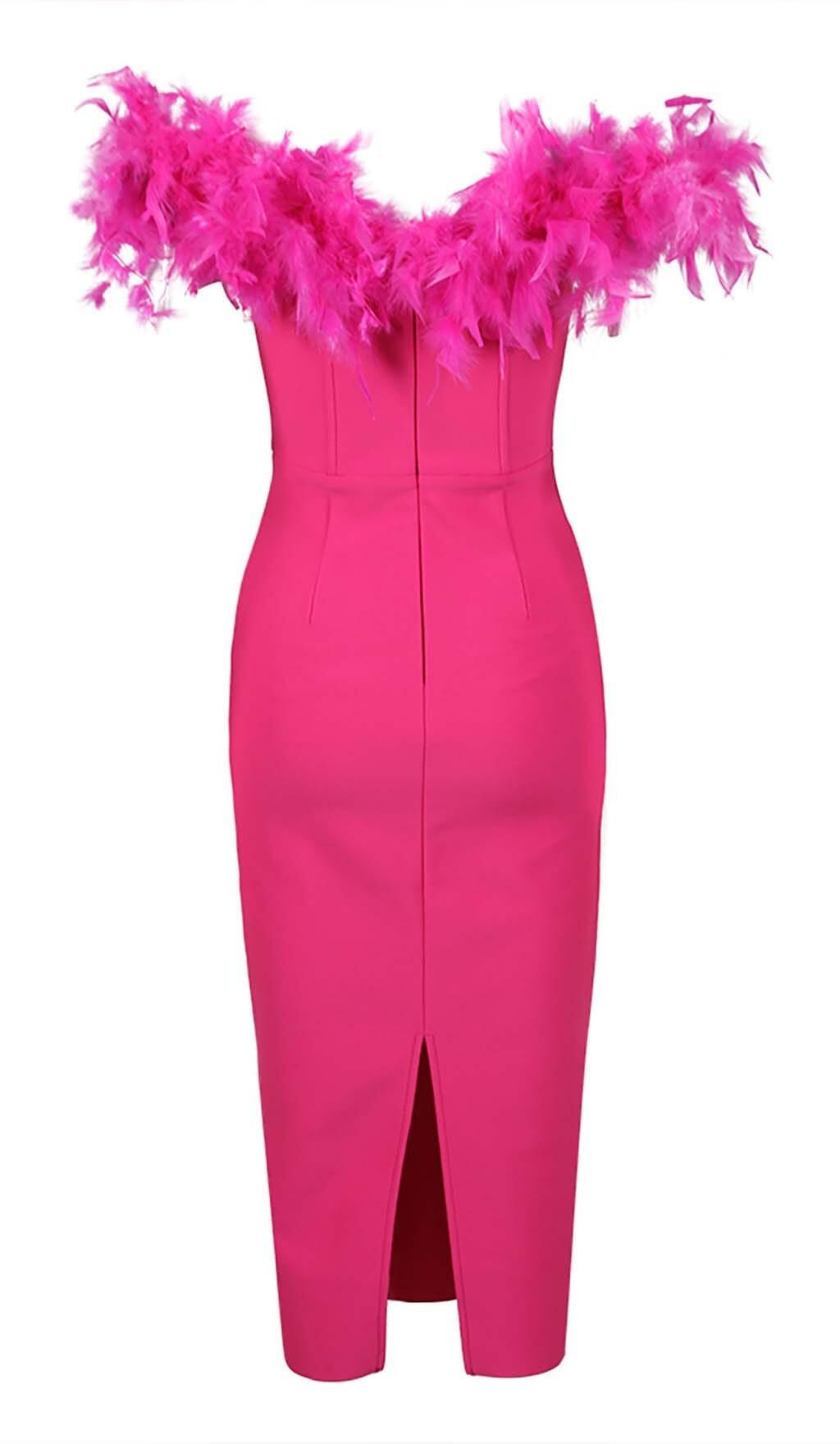 FEATHER PLUNGE MIDI DRESS IN ROSE