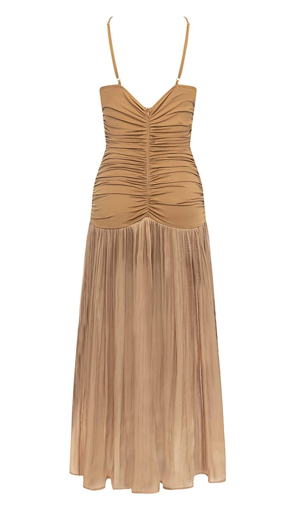 PLEATED STRAPPY MIDI DRESS IN BROWN