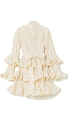 RUFFLED TIERED LACE MINI DRESS IN CREAM