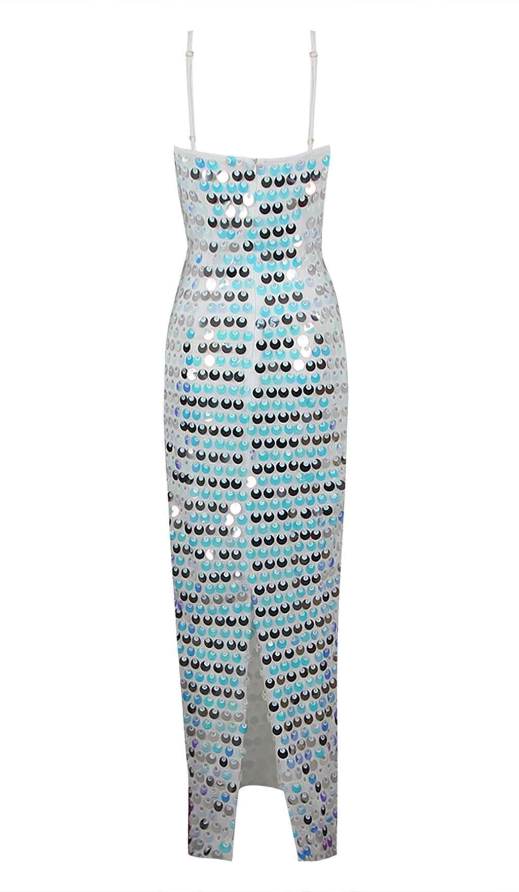 SEQUIN-EMBELLISHED SLEEVELESS MIDI DRESS IN BLUE