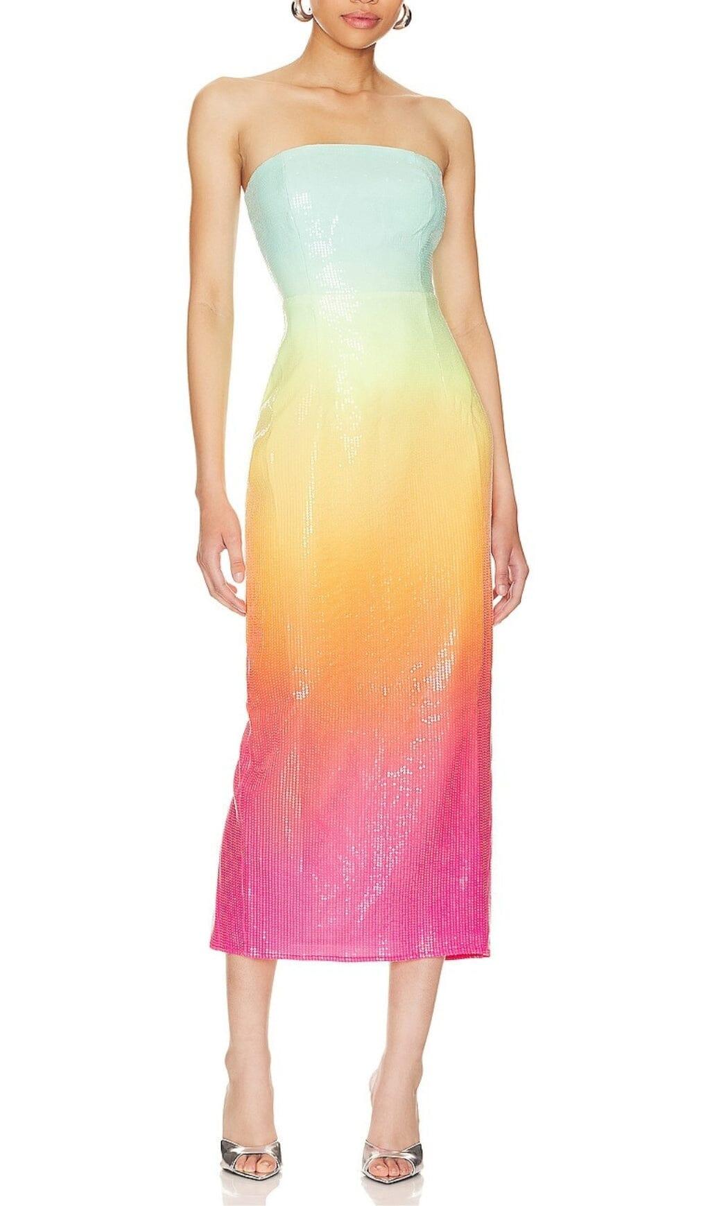 STRAPLESS SEQUIN OMBRE MAXI DRESS IN MULTI-COLOR