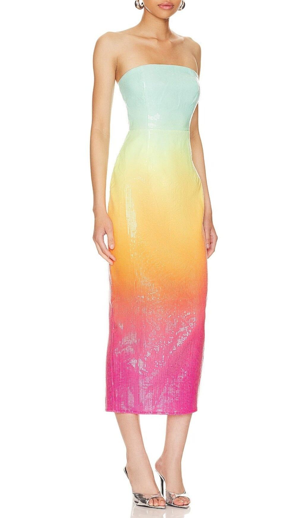 STRAPLESS SEQUIN OMBRE MAXI DRESS IN MULTI-COLOR